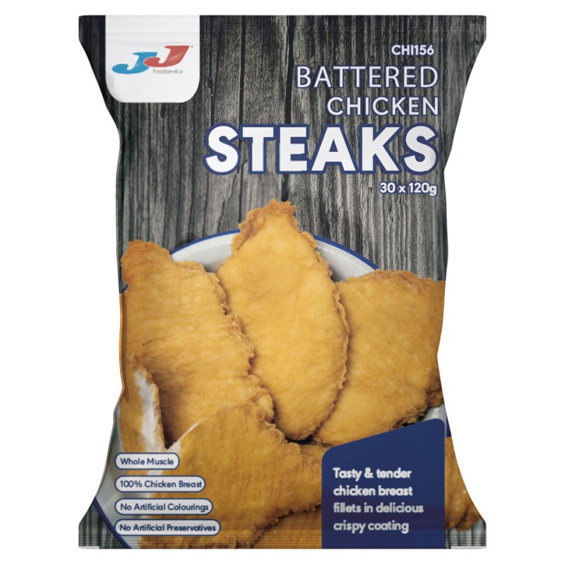 JJ Halal Whole Muscle Battered Chicken Steaks 30x120g