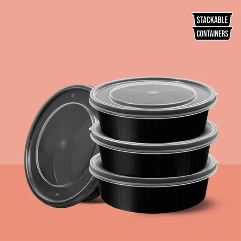 JJ 750ml Heavy Duty Round Microwave Plastic Black Containers with Lids 1x150