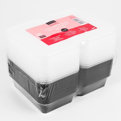 JJ 500ml Heavy Duty Microwave Plastic Black Containers with Lids 1x25
