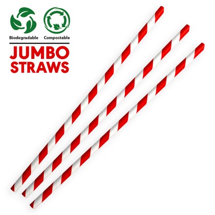 Jumbo Red & White Compostable Paper Smoothie Straws 230x8x8mm 1x250