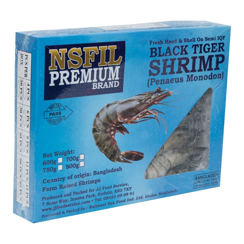 NSFIL Premium Semi - IQF Raw HOSO Black Tiger Prawns 13/15, 750g net 1x1kg