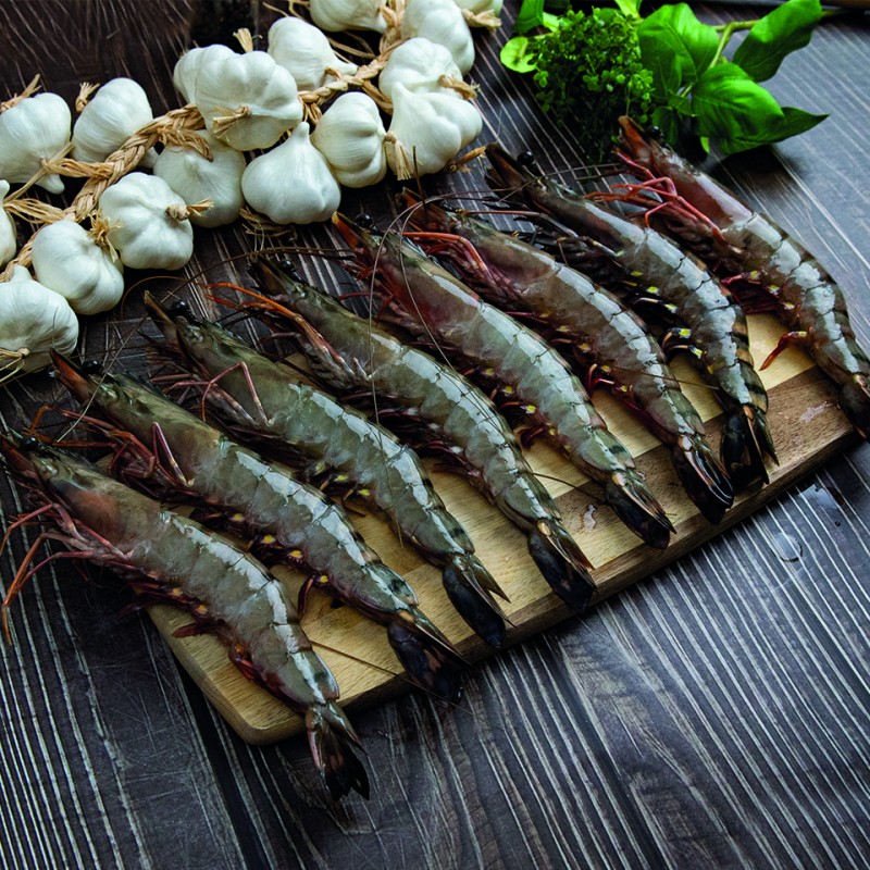 NSFIL Premium Semi - IQF Raw HOSO Black Tiger Prawns 6/8, 750g net 1x1kg